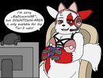 anthro black_eyes blush bra breasts camera cat_headphones chair claws clothing controller electronics eyebrows eyelashes female fluffy fur furniture game_controller headgear headphones headset nintendo_controller red_body red_fur red_sclera solo switch_pro_controller television text underwear webcam white_body white_fur zangtober_2020 darknetic nintendo nintendo_switch pokemon generation_3_pokemon pokemon_(species) zangoose 4:3 absurd_res alpha_channel digital_media_(artwork) english_text flat_colors hi_res