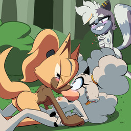 anthro areola blush breast_grab breasts butt cuckquean dark_body dark_skin ear_piercing female female/female female_anthro fondling forest forest_background fur grey_body grey_fur grin group hair hand_on_breast heart_symbol horn kiss_on_lips kissing looking_at_another nature nature_background nipples nude nude_female outside piercing plant ponytail self_fondle smile tail tan_body tan_skin tree trio voyeur white_body white_fur white_wool wool_(fur) yellow_body yellow_fur corythec idw_publishing sega sonic_the_hedgehog_(comics) sonic_the_hedgehog_(idw) sonic_the_hedgehog_(series) lanolin_the_sheep_(sonic) tangle_the_lemur whisper_the_wolf bovid canid canine canis caprine lemur mammal primate ring-tailed_lemur sheep strepsirrhine wolf 1:1 absurd_res hi_res