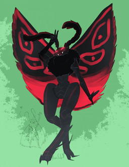 ambiguous_gender antennae_(anatomy) anthro biped black_body black_exoskeleton black_wings empty_eyes exoskeleton fangs gesture glowing glowing_eyes hand_gesture insect_wings lepidopteran_wings raised_hand red_eyes red_wings solo teeth v_sign wings ashton_sanchez alvin_(helboy15) arthropod insect lepidopteran moth full-length_portrait hi_res portrait signature male_(lore)