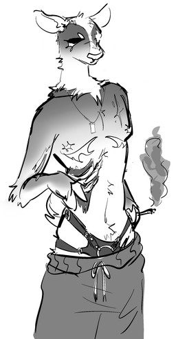 anthro bone bottomwear buckshot_(yayguts) clothing cloven_hooves exposed_bone exposed_rib_cage female hooves jewelry mastectomy_scar missing_eye necklace pants ribs scar shell_(projectile) shotgun_shell skinny small_tail smoking solo standing strapon sweatpants tail yayguts deer mammal hi_res monochrome sketch
