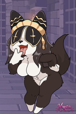 anthro breasts chibi covered_eyes fangs featureless_breasts female hair long_hair maid_headdress nude nude_anthro nude_female open_mouth smile solo teeth tongue moraduwaffle overlord_(series) pestonya_shortcake_wanko canid canine canis domestic_dog mammal absurd_res hi_res
