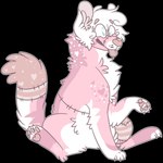 ambiguous_gender blue_eyes blue_outline claws digitigrade eyebrow_through_hair eyebrows featureless_crotch feral feral_with_hair fur grey_inner_ear grey_inner_ear_fluff hair heart_(marking) heart_pupils inner_ear_fluff markings outline pawpads paws pink_body pink_eyebrows pink_fur pink_nose pink_pawpads pink_tongue pupils simple_background sitting smile snout solo surgical_suture tail tongue tongue_out translucent translucent_hair transparent_background tuft whisker_spots white_body white_fur white_hair white_pupils jaspering canid canine duskky mammal patchwork_creature 2017 alpha_channel digital_drawing_(artwork) digital_media_(artwork) flat_colors full-length_portrait portrait watermark