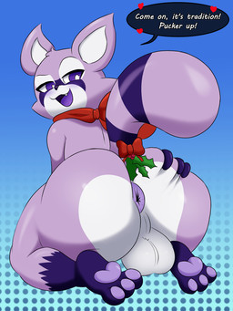 accidental_holly anthro anus balls big_balls big_butt blush butt dialogue feet fur genitals hand_on_butt holidays holly_(plant) humanoid_genitalia kerchief kissing_bough looking_at_viewer looking_back male markings neckerchief neckwear nude open_mouth plant presenting presenting_anus presenting_hindquarters purple_eyes simple_background smile soles solo spread_butt spreading tail text thick_thighs wide_hips juniperbean christmas indigo_park rambley_raccoon canid canine mammal procyonid raccoon 3:4 digital_media_(artwork) english_text hi_res