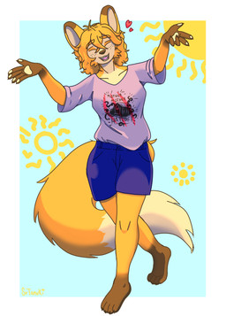 5_fingers anthro barefoot bottomwear clothed clothed_anthro clothed_female clothing dipstick_tail eyes_closed feet female female_anthro fingers front_view fur hair markings multicolored_body multicolored_fur open_mouth open_smile orange_body orange_fur orange_hair pawpads shirt shorts smile solo sun tail tail_markings topwear srtanuki mother_mother canid canine fox mammal 2025 absurd_res digital_media_(artwork) full-length_portrait hi_res portrait