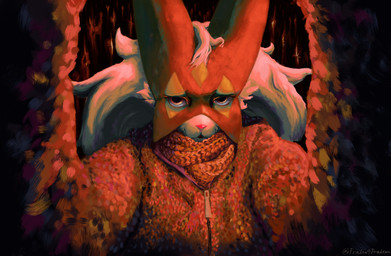 clothing eyelashes fur green_body green_fur green_hair green_mask hair looking_at_viewer orange_clothing orange_mask pink_nose red_clothing solo yellow_eyes halfbaked-hope nintendo pokemon generation_9_pokemon meowscarada pokemon_(species) 2025 absurd_res hi_res orange_theme signature