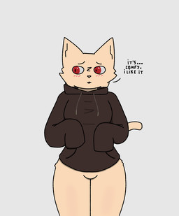 blush blush_lines bottomless clothed clothing embarrassed female feral fur hoodie red_eyes simple_background solo standing tan_body tan_fur text topwear white_background wdaf domestic_cat felid feline felis mammal english_text