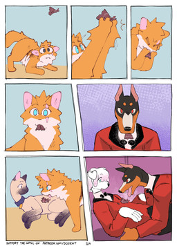 anthro biped bow_tie clothing coat collar duo eye_scar facial_scar feral holding_in_mouth hunting male page_number quadruped red_clothing red_coat red_topwear scar speech_bubble spiral spiral_eyes striped_body stripes tail text topwear uniform white_body martindosent matthias_(martindosent) sebastian_(martindosent) arthropod canid canine canis dobermann domestic_cat domestic_dog felid feline felis insect lepidopteran mammal moth pinscher siamese_cat 2025 absurd_res clip_studio_paint_(artwork) comic digital_media_(artwork) english_text hi_res