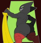 anthro big_butt black_body black_fur butt clothing digitigrade fur green_eyes grin katana legwear looking_at_viewer male melee_weapon mostly_nude rear_view sharp_teeth smile solo sword teeth thick_thighs thigh_highs weapon felinecanis cartoon_network mao_mao:_heroes_of_pure_heart sheriff_mao_mao_mao domestic_cat felid feline felis mammal