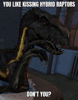 bed bedroom bedroom_eyes duo feral furniture lying lying_on_bed male narrowed_eyes on_bed seductive solo text ireallyliketanks boy_kisser_(meme) jurassic_park jurassic_world universal_studios ripper_(jurassic_world) dinosaur indoraptor prehistoric_species reptile saurischian scalie theropod english_text meme