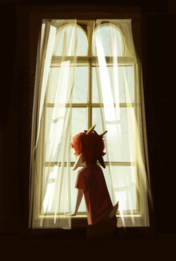 anthro clothed clothing curtains detailed_background fur horn light looking_out_window looking_outside male pink_clothing pink_shirt pink_topwear shirt short_tail solo sunlight tail topwear white_body white_fur window twang milo_(twang) bovid caprine goat mammal 2021 hi_res