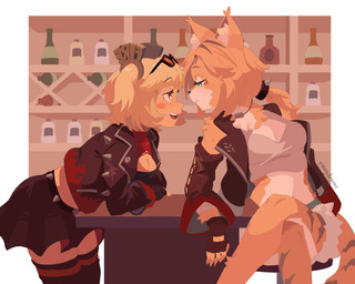 alcohol alcohol_bottle anthro bar beverage blonde_hair blush blush_stickers border bottomwear breasts chair cheek_tuft cleavage cleavage_cutout clothed clothing counter crossed_legs cutout duo ear_tuft eye_contact eyewear eyewear_on_head facial_tuft female fur furniture green_eyes hair half-closed_eyes inside jacket jewelry leaning leaning_forward leaning_on_counter leaning_on_table leather leather_clothing leather_jacket leather_topwear legwear looking_at_another midriff narrowed_eyes navel neck_tuft necklace open_clothing open_jacket open_mouth open_topwear pigtails ponytail shelf shirt sitting skirt smile sunglasses sunglasses_on_head table tail tank_top text thigh_highs topwear tuft twintails_(hairstyle) white_body white_border yellow_body yellow_fur mangedugruau mihoyo zenless_zone_zero burnice_white pulchra_fellini felid feline human mammal thiren 2025 artist_name digital_media_(artwork) hi_res