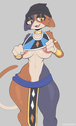 anthro areola areola_slip beanie breasts clothing cosplay crossover_cosplay ear_piercing female fingers hat headgear headwear mottled nipples piebald piercing simple_background solo thick_thighs wide_hips cooliehigh dragon_ball dragon_ball_super epic_games fortnite beerus meow_skulls calico_cat domestic_cat felid feline felis mammal 2022 crossover hi_res