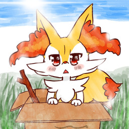 3_fingers ambiguous_anthro ambiguous_gender anthro arm_tuft biped blush blush_lines blush_stickers box cardboard cardboard_box cheek_tuft chest_tuft container detailed_background dipstick_tail facial_tuft fingers front_view fur grass in_box in_container inner_ear_fluff looking_at_viewer markings multicolored_body multicolored_fur nude_ambiguous nude_anthro open_mouth orange_body orange_fur orange_inner_ear_fluff orange_tail_tip outside plant pointy_ears prick_ears red_eyes shoulder_tuft sky solo stick tail tail_markings tapering_snout triangle_mouth tuft two_tone_tail white_body white_fur yellow_body yellow_fur yellow_tail annyui0611 nintendo pokemon braixen canid generation_6_pokemon mammal pokemon_(species) 1:1 2021 digital_drawing_(artwork) digital_media_(artwork) hi_res japanese_description translated_description