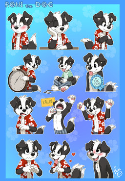anthro blush clothed clothing dipstick_tail fangs floppy_ears fur glistening glistening_eyes logo looking_at_viewer male male_anthro markings narrowed_eyes open_clothing open_mouth open_smile open_topwear red_clothing red_topwear sitting smile solo tail tail_markings teeth tongue tongue_out topwear white_body white_fur young young_anthro young_male pandapaco roni_(imroni) border_collie canid canine canis collie domestic_dog herding_dog mammal pastoral_dog sheepdog artist_logo bust_portrait half-length_portrait hi_res multiple_images portrait signature