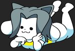 anthro big_butt black_eyes bottomless butt canid canine canis clothed clothing domestic_dog felid feline female grey_hair hair lying mammal on_front shirt smile solo tem temmie_(undertale) topwear undertale undertale_(series) vilepluff white_body