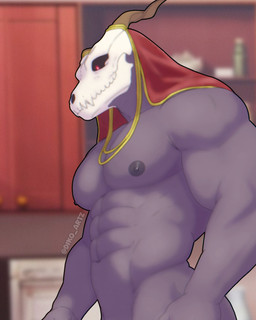 abs anthro bone horn male muscular muscular_anthro muscular_male nipples nude_anthro nude_male pecs skull skull_head solo dikoartz the_ancient_magus'_bride elias_ainsworth demon 4:5 absurd_res colored half-length_portrait hi_res portrait signature