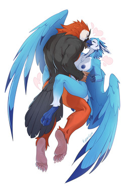 anthro anthro_on_anthro areola beak biped black_body black_feathers blue_body blue_feathers breasts butt claws duo feathers feet female fingers humanoid_feet male male/female nipples nude nude_anthro nude_female nude_male orange_body orange_feathers plantigrade romantic romantic_couple simple_background smile tail tail_feathers talon_hands toes wings lynncore azurisz levante_(enlas) accipitrid accipitriform avian bearded_vulture bird old_world_vulture vulture 2026 digital_drawing_(artwork) digital_media_(artwork) hi_res