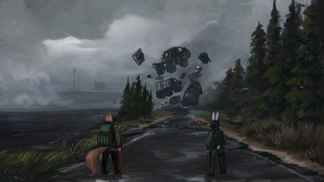 ambiguous_gender anthro backpack car clothed clothing cloud day detailed_background duo evergreen_tree floating forest grass holding_object landscape mask outside overcast plant rear_view road rubble seaside ship sky standing tree truck vehicle water watercraft tommyzz123 project_silverfish canid canine fox lagomorph mammal 16:9 2026 hi_res widescreen