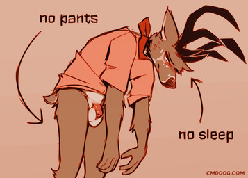 anthro antlers balls biped bottomless brown_body brown_fur clothed clothing directional_arrow flaccid foreskin fur genitals horn humanoid_genitalia humanoid_penis male male_anthro multicolored_body multicolored_fur penis solo text tired two_tone_body two_tone_fur white_balls white_body white_fur lawyerdog panko_(lawyerdog) deer mammal 2024 digital_media_(artwork) english_text