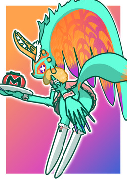 ambiguous_gender anthro antlers biped border bottomwear butt chest_tuft clothed clothed_anthro clothing colored_nails digitigrade dipstick_tail eye_glint featureless_crotch fingernails fluffy fluffy_tail food fruit fur head_wings holding_object holding_plate horn huge_wings legwear looking_at_viewer looking_back looking_back_at_viewer maid_headdress maid_uniform markings maxim_tomato mouthless multicolored_body multicolored_eyes multicolored_fur nails neck_tuft orange_body orange_fur outline pink_eyes plant plate presenting presenting_hindquarters pupils purple_fingernails purple_nails purple_sclera raised_bottomwear raised_clothing raised_skirt raised_tail rear_view skirt solo sparkles sparkling_eyes stockings tail tail_markings tan_body tan_fur teal_body teal_eyes teal_fur three-quarter_view tomato tuft uniform unusual_wing_placement white_border white_outline wings 9w8dh kirby_(series) kirby_and_the_forgotten_land nintendo fecto_elfilis alien chinchillid mammal rodent starling_(kirby) 2026 absurd_res digital_media_(artwork) full-length_portrait hi_res japanese_description portrait