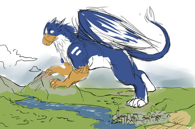 ambiguous_feral ambiguous_gender beak blue_body blue_wings city cloud feathered_wings feathers feral macro mountain mouth_closed outside river side_view solo tail tail_tuft tuft white_body white_wings wings yellow_beak solaxe_(artist) mythology avian gryphon mythological_avian mythological_creature colored_sketch sketch