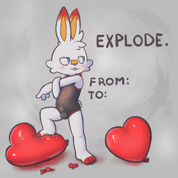 anthro balloon balloon_fetish balloon_popping biped blue_eyes blush bodily_fluids buckteeth bulge clothing cum cum_in_clothing cum_through_clothing foot_on_balloon freckled_face freckles genital_fluids geometric_balloon grey_background heart_balloon heart_symbol holidays inflatable leotard male one-piece_swimsuit popped_balloon simple_background solo standing stomping swimwear swimwear_bulge teeth wet wet_clothing young young_anthro young_male badipoki nintendo pokemon valentine's_day fan_character lopalchik_(badipoki) generation_8_pokemon pokemon_(species) scorbunny 1:1 absurd_res hi_res