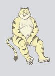 anthro belly kemono male moobs nipples overweight overweight_anthro overweight_male simple_background sitting solo tongue tongue_out professor_fluff felid mammal pantherine tiger 2021 absurd_res hi_res