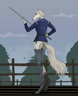 amputee anthro bottomwear clothing digitigrade disability female jacket melee_weapon outside pants plant prosthetic prosthetic_leg prosthetic_limb scar solo sword topwear tree weapon garbagegarage iszabella_wimperschlaack borzoi canid canine canis domestic_dog hunting_dog mammal sighthound hi_res