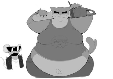 abdominal_bulge anthro blush bracelet chainsaw clothed clothing duo eyewear female jacket jewelry looking_at_viewer male navel obese open_mouth overweight power_tool shirt simple_background simple_eyes sunglasses tank_top thick_thighs tools topwear white_background x_navel kamisoriga mewgenics guillotina_(mewgenics) radical_rat_(mewgenics) domestic_cat felid feline felis mammal murid murine rat rodent 2026 monochrome