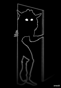 anthro dark doorway female hair long_hair looking_at_viewer no_irises scary silhouette simple_background solo standing_in_doorway tall_female emex22 lucy_(emex22) canid canine canis mammal maned_wolf wolf absurd_res hi_res huge_filesize monochrome