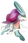 ambiguous_gender anterior_nasal_aperture blue_body feral hair open_mouth paws purple_hair quadruped red_eyes simple_background solo tongue white_background white_sclera flavia-elric nintendo pokemon generation_2_pokemon legendary_pokemon pokemon_(species) suicune 2017 digital_media_(artwork) hi_res