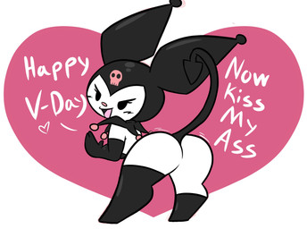anthro armwear black_eyes blush butt butt_focus clothed clothing dialogue elbow_gloves eyelashes female gloves handwear heart_symbol holidays hood legwear looking_at_viewer looking_back open_mouth presenting presenting_hindquarters simple_background smile solo spade_tail tail text thick_thighs thigh_highs white_body shinkaku onegai_my_melody sanrio valentine's_day kuromi demon lagomorph leporid mammal rabbit 2026 digital_drawing_(artwork) digital_media_(artwork) english_text hi_res