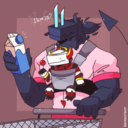 2_horns 3_toes 4_fingers ambiguous_gender anthro biped blocky_snout blue_body blue_fur blue_hair blue_spikes bottomwear brown_background brown_bottomwear brown_clothing brown_shorts candy clothed clothed_anthro clothed_male clothing container dessert dot_eyes duo eyeless feet fingers flesh_fang food front_view fully_clothed fully_clothed_anthro fully_clothed_male fur hair halo head_horn head_spikes holding_candy holding_container holding_food holding_lollipop holding_object horn lollipop looking_at_object looking_at_viewer male mouth_closed muscular muscular_anthro muscular_male pink_bottomwear pink_clothing pink_shirt pink_topwear ponytail question_mark red_body red_clothing red_fur red_shirt red_topwear shirt shopping_cart shorts simple_background simple_eyes snout spade_tail spikes spikes_(anatomy) tail text toddler toes topwear young young_anthro skykdotidot ferro_(skykdotidot) karma_(skykdotidot) unknown_species 1:1 2024 artist_name digital_drawing_(artwork) digital_media_(artwork) full-length_portrait half-length_portrait hi_res portrait father_(lore) father_and_child_(lore) father_and_son_(lore) parent_(lore) parent_and_child_(lore) parent_and_son_(lore) son_(lore)