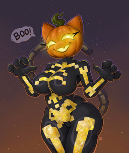 anthro big_breasts big_butt black_bodysuit black_clothing black_skinsuit bodysuit bone breasts butt claws clothed clothed_female clothed_humanoid clothing costume dialogue dialogue_box female finger_claws food for_a_head fruit glistening glistening_clothing halloween_costume hip_markings holidays leg_markings looking_at_viewer markings plant pumpkin pumpkin_head raised_hips raised_tail skinsuit skull smile smiling_at_viewer solo speech_bubble tail text thick_thighs tight_clothing wide_hips katxfish epic_games fortnite halloween spice_(fortnite) domestic_cat felid feline felis humanoid mammal object_head absurd_res english_text hi_res