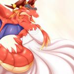 anthro blush female horn open_mouth red_body red_scales scales smile solo tail wings ryutier cygames dragalia_lost european_mythology mythology nintendo brunhilda_(dragalia_lost) dragon mythological_creature mythological_scalie scalie western_dragon 1:1 2019