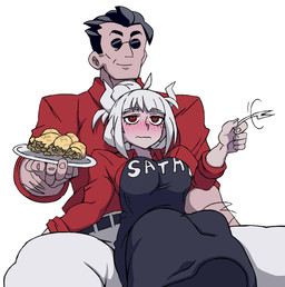 5_fingers apron arm_hair belt big_breasts black_hair blush body_hair bottomwear breasts clothing duo eyewear female fingers food hair hair_bun holding_fork holding_object holding_plate horn male markings mole_(marking) not_furry on_lap pancake pants plate red_eyes shirt short_hair simple_background sitting sitting_on_another sitting_on_lap smile sunglasses text text_on_apron text_on_clothing text_on_topwear topwear white_background white_hair white_horn mantan0212 helltaker lucifer_(helltaker) protagonist_(helltaker) demon demon_humanoid human humanoid mammal english_text hi_res