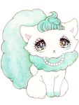 :3 ambiguous_gender big_eyes eyelashes feral fluffy fluffy_tail fur fur_markings gem green_markings jewelry kemono markings multicolored_eyes neck_tuft necklace paws pearl_(gem) pearl_necklace pointy_ears prick_ears rainbow_eyes smile solo tail tuft white_body white_fur yurie_sekiya domestic_cat felid feline felis mammal traditional_media_(artwork) watercolor_(artwork)