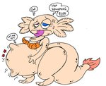 ambiguous_gender ambiguous_prey anthro belly big_belly breasts duo female female_pred heterochromia mostly_nude overweight simple_background speech_bubble text thick_thighs tongue tongue_out vore white_background agouti-rex charly_(mpff) amphibian axolotl marine mole_salamander salamander 2017 english_text