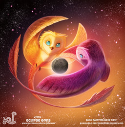 blue_eyes duo eclipse feathers feral moon pink_body pink_feathers solar_eclipse space spacescape star sun text yellow_body yellow_feathers piper_thibodeau avian bird deity digital_media_(artwork) digital_painting_(artwork) english_text painting_(artwork)