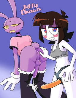 4_fingers all_fours anthro anus balls black_choker black_clothing black_jewelry black_legwear black_necklace black_shirt black_stockings black_topwear blue_eyes blush bottomless bottomless_anthro bottomless_male bra brown_hair butt butt_grab choker clenched_teeth clothed clothing cum_pool ejaculation erection female female_on_anthro femboy fingers fur genitals glans gloves grey_bra grey_clothing grey_underwear grin hair hand_on_butt hands-free handwear human_on_anthro humanoid_genitalia humanoid_penis imminent_sex interspecies jewelry legwear looking_at_viewer looking_back male male/female necklace orgasm penis perineum pink_clothing pink_shirt pink_topwear pubes purple_anus purple_balls purple_body purple_fur purple_glans purple_penis purple_perineum rear_view red_eyes shirt short_tail smile spiral spiral_eyes stockings strapon tail teeth topwear underwear wearing_strapon white_body white_clothing white_gloves white_handwear white_skin yellow_eyes jiffydraws glitch_productions the_amazing_digital_circus jax_(tadc) pomni_(tadc) human lagomorph leporid mammal rabbit absurd_res hi_res