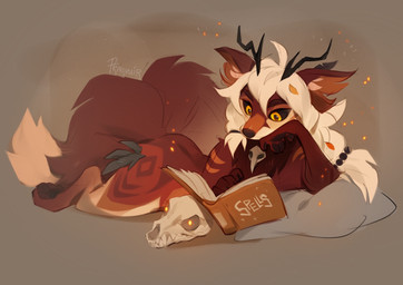 anthro antlers biped book butt claws feet fingers front_view fur hair horn lying male nude nude_anthro nude_male on_front pillow simple_background solo tail toes reysi canid canine mammal 2026 digital_drawing_(artwork) digital_media_(artwork)