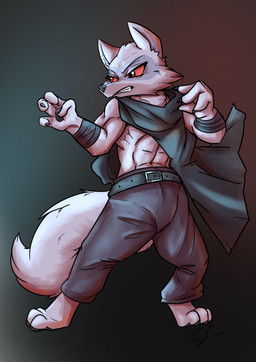 4_fingers anthro belt biped bottomwear claws cloak clothing fingers fur gradient_background grey_body grey_fur grey_tail muscular pants red_eyes red_sclera simple_background standing tail year surryfox dreamworks puss_in_boots_(franchise) death_(puss_in_boots) canid canine canis mammal wolf 2023 full-length_portrait hi_res portrait signature