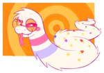 abstract_background ambiguous_gender eyewear feral fur glasses markings multicolored_body multicolored_fur round_glasses smile solo spots spotted_body spotted_fur conditional_dnp labbit_(artist) furred_scalie furred_snake reptile scalie snake 2025 hi_res