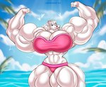 anthro big_muscles clothing female huge_arms huge_muscles hyper hyper_muscles muscular solo summer swimwear lavochnica canid canine mammal hi_res