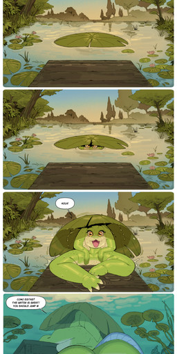 anthro big_butt biped butt dialogue eyelashes female green_body huge_butt lily_pad multicolored_body plant pupils smile speech_bubble text thick_thighs water roly amphibian frog absurd_res hi_res