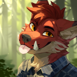 anthro blep blue_clothing blue_topwear blurred_background brown_hair cheek_tuft closed_smile clothed clothing detailed_background facial_tuft forest fur glistening glistening_eyes hair light light_beam looking_at_viewer male mouth_closed neck_tuft orange_eyes outside pink_tongue plant shrub smile solo sunbeam sunlight tan_body tan_fur tongue tongue_out topwear tree tuft tusks unsigned corzh77 canid canine canis mammal wolf worg 1:1 absurd_res bust_portrait detailed hi_res icon portrait