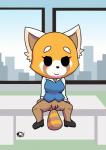 anthro biped blush bottomless clothed clothing female fur genitals inside presenting presenting_pussy pussy sitting solo kcn aggretsuko sanrio retsuko ailurid mammal red_panda hi_res