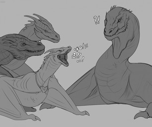 ambiguous_feral ambiguous_gender feral group horn jewelry long_neck membrane_(anatomy) membranous_wings mouth_closed necklace open_mouth simple_background wings roobin mythology dragon mythological_creature mythological_scalie scalie hi_res monochrome