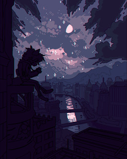 anthro barefoot bridge building camera city cityscape clothed clothing cloud detailed_background feet holding_object jacket looking_down male moon mountain night plant river rooftop shrub sitting skyscraper smile solo sparkles star topwear tower water deceased_bunny canid mammal