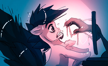 ambiguous_gender beard chest_tuft disembodied_hand duo electronics facial_hair feral fur gaming hair male monitor open_mouth playing_video_game scared through_screen tuft wet what thegamercolt hasbro my_little_pony fan_character equid equine horse mammal pony 2014